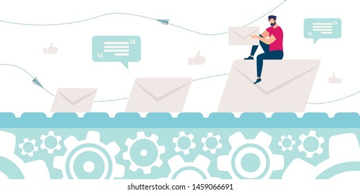 Advertising Poster Correspondence Conveyor Flat. Conceptual Idea Man and Influx Correspondence. Man is Sitting on Envelope. On Conveyor Belt Letters are Preserved. Vector Illustration.