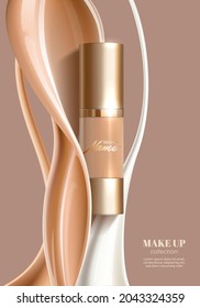 Advertising poster for cosmetic product for catalog, magazine. Design of cosmetic package. Advertising of foundation cream, concealer, base, BB cream. Realistic creamy texture