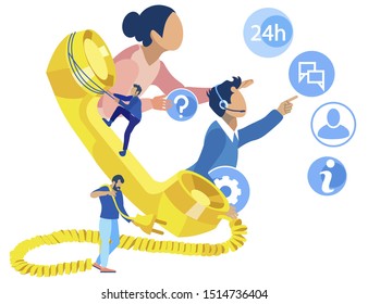 Advertising Poster Customer Retention Cartoon. Operator Thinks about what is Going to Say. Men and Women are Ready for Online Consultation. Man Holds Wire from Handset. Vector Illustration.