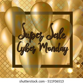 Advertising poster dedicated to Cyber Monday. Beautiful golden banner with gold balloons and elegant brown inscription in a brown square frame. Square poster to Cyber Monday, sales and big savings.