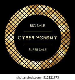 Advertising poster dedicated to Cyber Monday. Beautiful blue banner with black circles and glittering sequins. Glittering poster to Cyber Monday, sales and big savings. Mad sales, discounts rabid