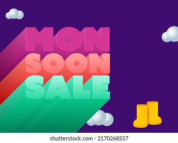 Publicidad Diseño De Afiches Con Tipo De Venta 3D Monsoon, Boots Y Nubes En Fondo Azul.