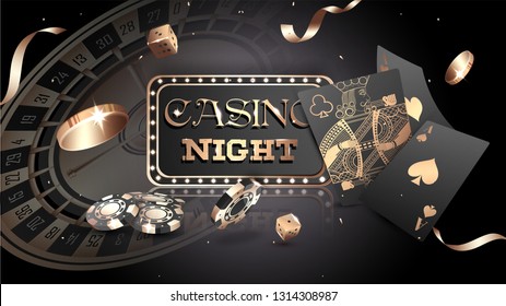 Advertising poster design, Casino Night text with casino chips, coins and playing cards illustration on black background.