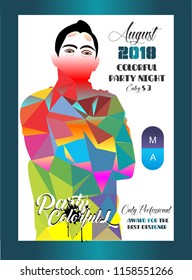 Advertising poster design with creative colored triangles with an elegant blue frame
