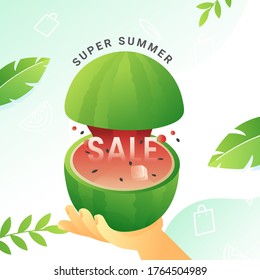 Advertising Poster Design Decorated with Tropical Leaves and Hand holding Cracked Watermelon for Super Summer Sale.