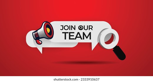 Advertising poster design with magnifying glass and loudspeaker for we're hiring join us team