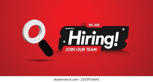 Advertising poster design with magnifying glass for we're hiring join us team vector