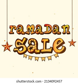 Advertising Poster Design With Ramadan Sale Font And Stars Hang On Pastel Yellow Background.