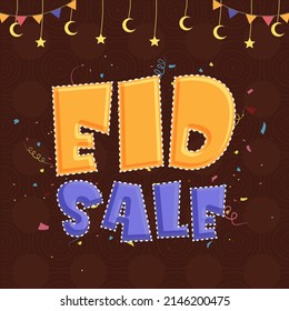 Werbeplakat-Design mit stilvollen Eid-Sale-Schriftarten, Konfetti, Crescent Moon, Sternen und Jagd auf braunem Hintergrund.