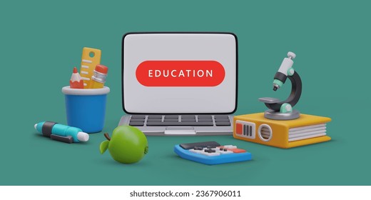 Advertising poster with different stuff for study. Laptop with button education. Online school, prepare for study concept. Vector illustration with green background