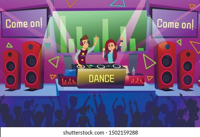 Advertising Poster Entertainment Dance Cartoon. People Happily Celebrate End their Work Week at Dance Club. Young People Working on Musical Equipment in Nightclub. Vector Illustration.