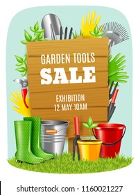 Advertising poster exhibition sale of garden tools on light background realistic vector illustration