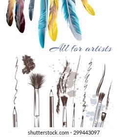Advertising poster with feathers and brushes all for artists