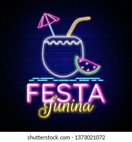 Advertising poster or flyer design, Neon effect text Festa Junina with coconut drink element on blue brick wall background.