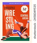 Advertising poster of freestyle wrestling battle. Promotion of sport event, fighter competition. Professional wrestler in uniform throws opponent, does suplex during fight. Flat vector illustration