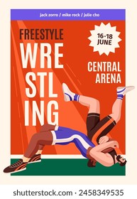 Afiche publicitario de la batalla de lucha libre. Promoción de eventos deportivos, competición de luchadores. Luchador de Profesional en uniforme lanza oponente, no suplex durante la lucha. Ilustración vectorial plana