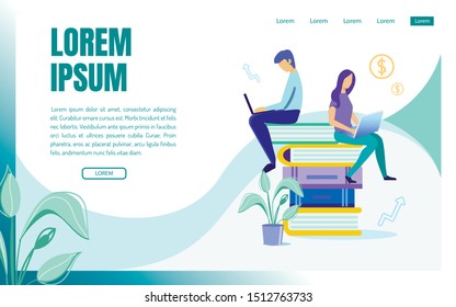 Advertising Poster Generation Ideas, Cartoon. Flat Banner Man and Woman are Working on Laptop While Sitting Books. Online Investments are Profitable. Vector Illustration Landing Page.