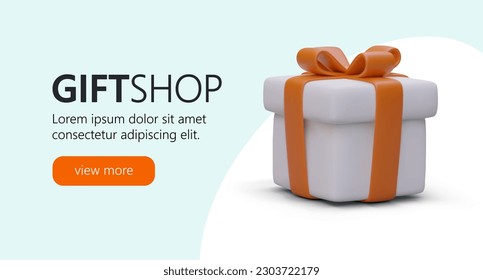 Advertising poster for gift shop online store with button view more. Colorful online shopping landing page. Vector design website interface with blue background