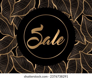 Advertising poster with golden inscription on black background with golden leaves. Vector sale banner.