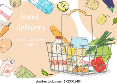Advertising poster with a grocery basket from a supermarket with products. Grocery, fruit, vegetables and a place for your text. Colorful vector illustrations. Hand-drawn. Template.