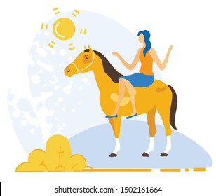 Advertising Poster Horse Riding Lessons Cartoon. Vector Illustration. Banner Girl Sitting on Horse. She Learns to Ride Horse on Hot Summer Day and Makes  Time Fun in Countryside Flyer.
