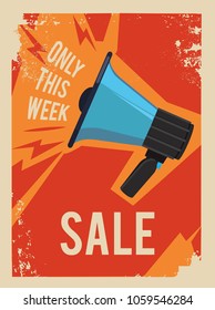 Advertising poster with illustration of old megaphone. Vector megaphone advertising, announce business sale promotion