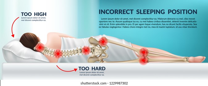 Advertising poster incorrect posture for sleep on a high pillow and hard mattress. Wrong position cervical vertebrae and knees. 3d realistic vector illustration.