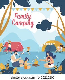 Advertising Poster Inscription Family Camping. Flat Banner Activity Children with Parents in Hike in Mountains. Tourist Flyer Camping and Lunch by Fire. Vector Illustration Cartoon.