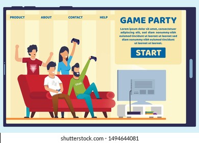 Advertising Poster Inscription Game Party Slide. Themed Warming Evening at Home. Men and Women have Fun Competing in Video Games at Home on Couch. Vector Illustration Landing Page.