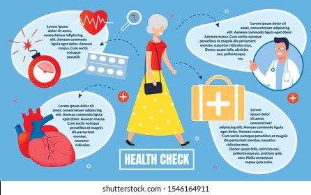 Advertising Poster, Inscription Health Check. Centered, an Elderly Woman Walks Down Street and Smiles. Doctor Shows Icons with Heart, Medical Suitcase and Speedometer. Vector Illustration.