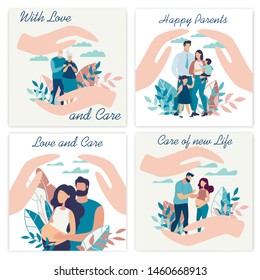 Advertising Poster Inscription with Love and Care. Set Banner is Written Happy Parents, with Love, Love and Care. Insurance Services for Large Families. Protection and Strong Family Relationships.