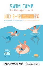 Advertising poster or invitation for children to summer swim camp. Vertical placard with kids swimming and playing in water on inflatable rubber rings. Flat vector cartoon illustration