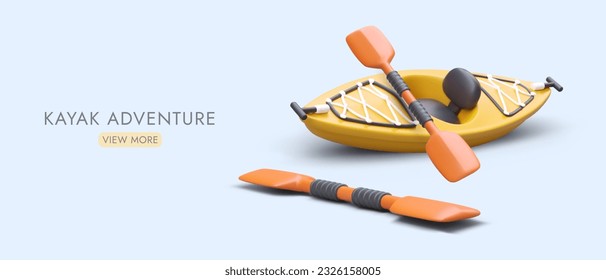 Advertising poster for kayaking. Concept with 3D illustration. Modern kayak, two paddles in cartoon style. Detailed image with shadows. Template with link button and text