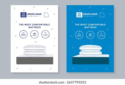 Advertising poster with mattress, pillows for neck and knees. The correct position for sleep, and good dreams. Bedding with memory effect. Realistic 3d vector illustration.