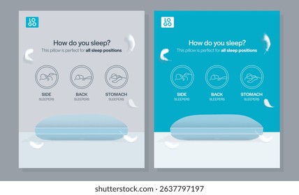 Advertising poster with mattress, pillows for neck and knees. The correct position for sleep, and good dreams. Bedding with memory effect. Realistic 3d vector illustration.