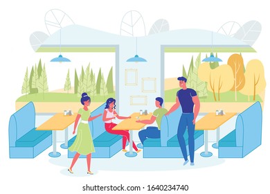 Advertising Poster, Meeting Young People in Cafe. Couple Found in Cafeteria, already Sitting, Talking at Table. Others just Met, Guy Stood Up to Greet his Girlfriend. Outside Window Autumn Landscape.