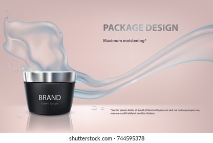 Advertising poster of a moisturizing cosmetic product, a black jar with a silver lid, water flow isolated on a pink background. Vector realistic design of packaging for moisturizing face cream