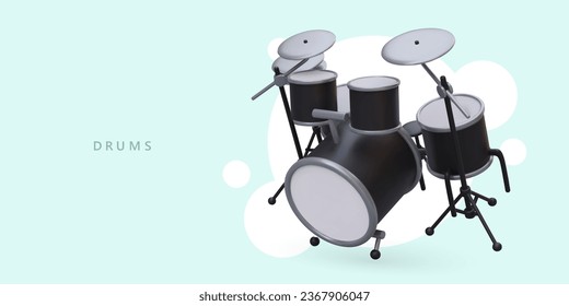 Advertising poster for musical instrument shop with 3d realistic drum set. Concept of hobby and creating music. Vector illustration with blue background svg