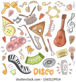  Advertising poster  musical instruments. Hand-drawn objects related music.Used for printing on paper and wallpaper. Vector illustration in cartoon style.