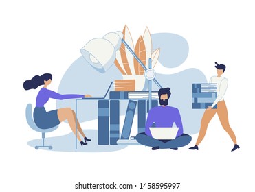 Advertising Poster Online Training Cartoon Flat. Banner Boys and Girls are Trained Through Internet and Multimedia. Flyer Online Application to Students Personal Account. Vector Illustration.