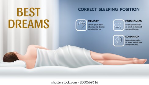 Advertising poster with orthopedic mattress. Correct position for sleep, good dreams. Pillow with memory effect. Realistic 3d vector illustration.