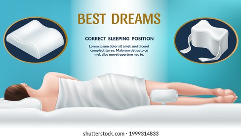Advertising poster with orthopedic mattress and pillow for knees. Correct position for sleep, good dreams. Bedding with memory effect. Realistic 3d vector illustration.