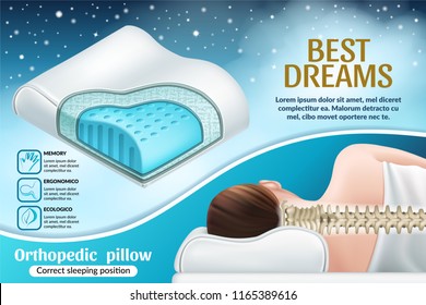 Advertising poster with orthopedic pillow with memory effect. Correct position for sleep, good dreams. Vector illustration.