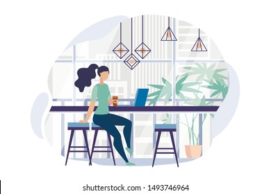 Advertising Poster Panoramic Window in Office. Banner Distraction and Relaxation in Office. Flyer Girl in Casual Clothes Drinks Coffee During Lunch Break Cartoon,. Vector Illustration.