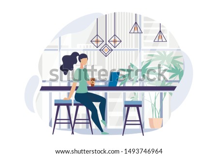 Advertising Poster Panoramic Window in Office. Banner Distraction and Relaxation in Office. Flyer Girl in Casual Clothes Drinks Coffee During Lunch Break Cartoon,. Vector Illustration.