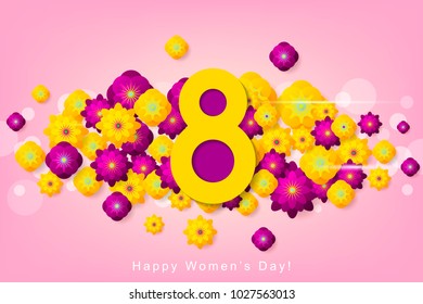 Advertising poster with paper cut flowers. Can be used for promotions, posters, brochures, tickets, flyers, template, mockup. Spring sale for Mother's Day and 8th of March.