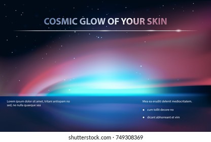 Advertising poster for perfect cosmetic product for glowing skin, bright colorful background with blue uminous element, light effect, cosmic glow. Vector realistic design for packaging