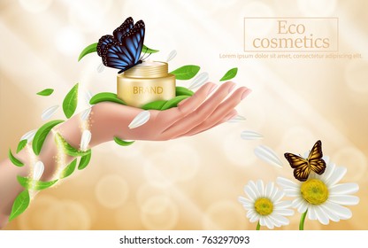 Advertising poster with perfect cosmetic product in open golden box lying on woman hand, bright background with golden sparkling sequins, flowers, green leaves and butterflies. Vector realistic design