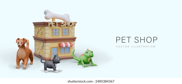 Cartel publicitario de la tienda de mascotas. Casa 3D con el suspiro del texto y el hueso gigante, perro, gato, iguana