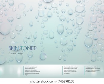 Advertising poster for the promotion of moisturizing premium product, light blue background with with the texture of water droplets. Vector realistic design for packaging skin toner